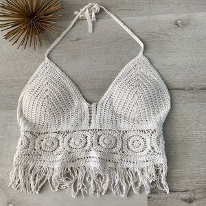 Fringe Hem Crocheted Halter Top size S Bohemian romantic festival‎ summer hippie